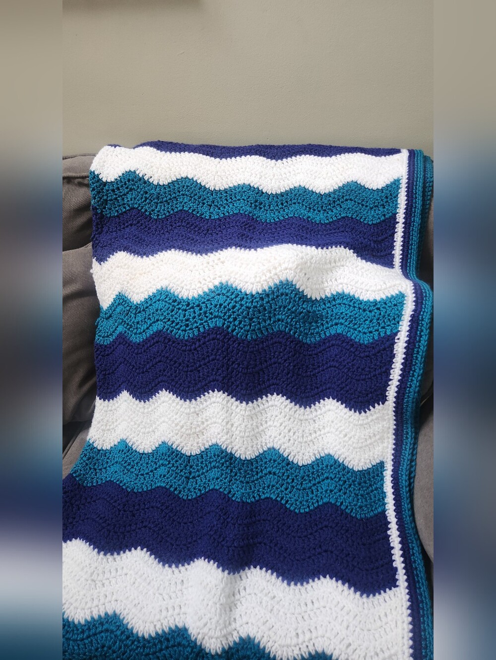 Handmade Chevron Crochet Blanket in Teal, Navy & White